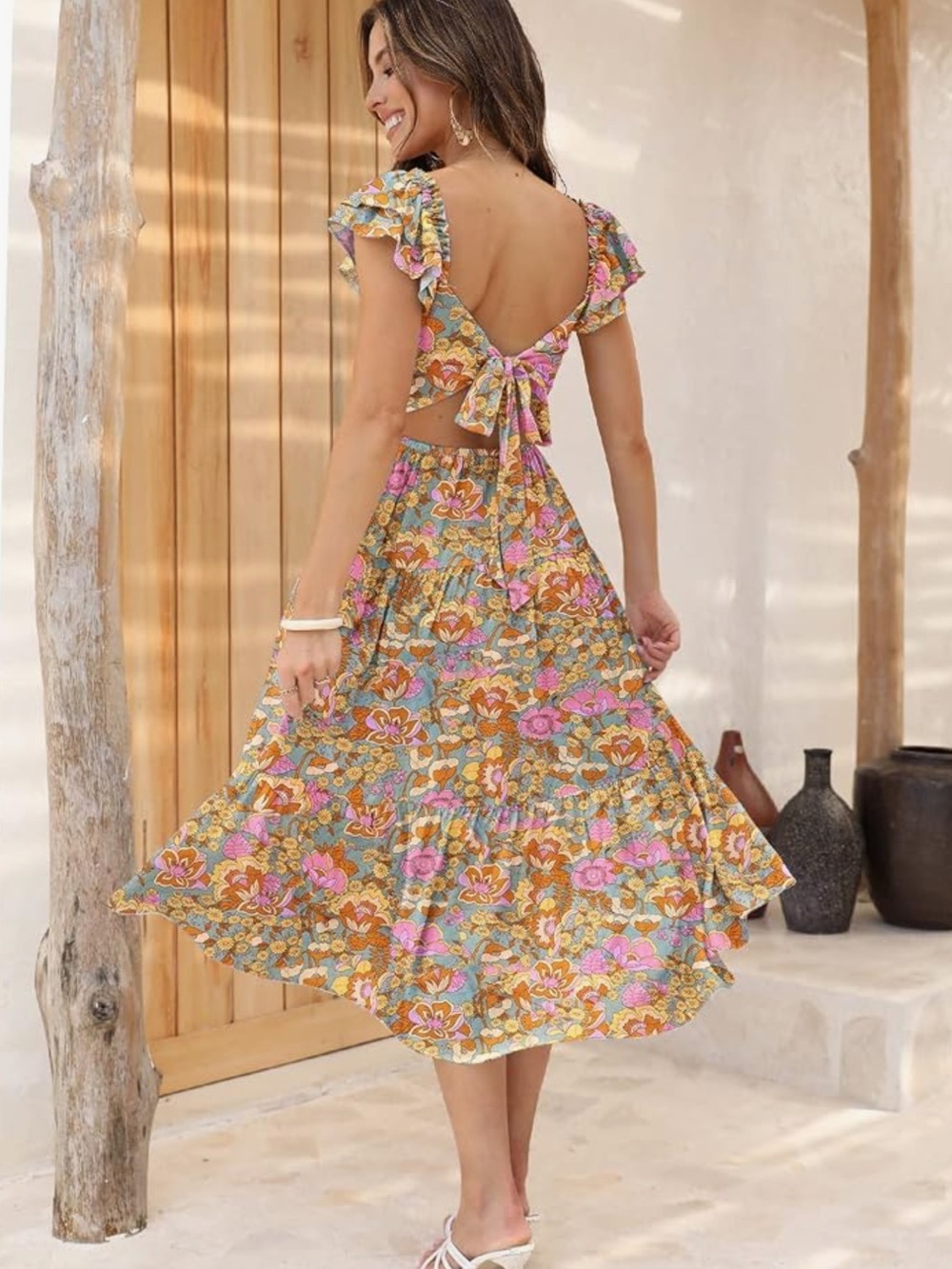 Floral Tie-Back Midi Dress in Multicolor BNWT